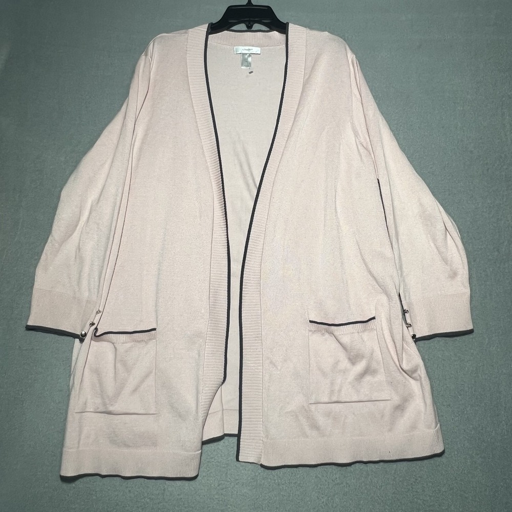 CJ Banks Women's 2X Pink Open Front Cardigan Sweater 3/4 Sleeve Pockets Rayon‎